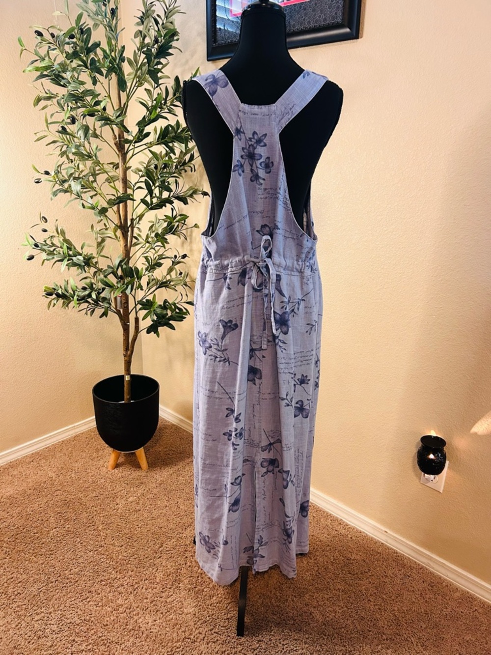 100% Linen Maxi Jumper Dress Light Blue Floral Scoop-Neck - Picture 2 of 9